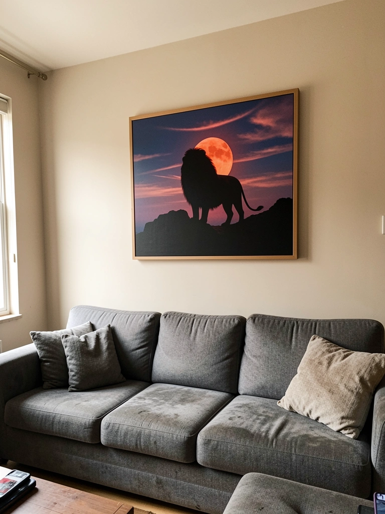 Sala ampla com sofá cinza e quadro grande de leão sobre o sofá.