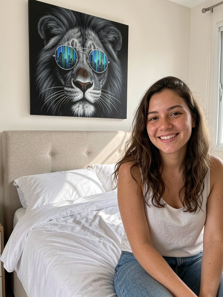 Quarto com cama branca, cabeceira neutra e quadro de leão abstrato acima da cama.