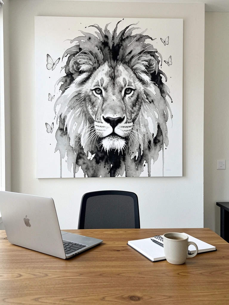 Mesa de madeira clara em escritório moderno com quadro de leão em preto e branco na parede