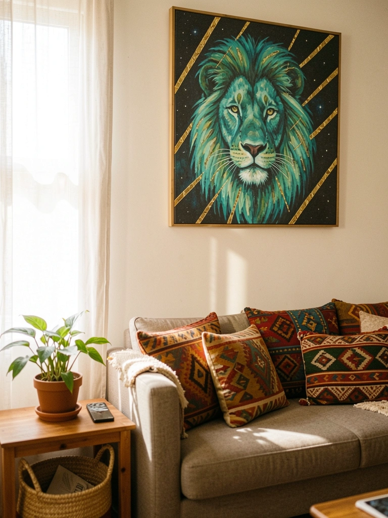 Sala com parede bege, quadro de leão em tons terrosos, sofá marrom e almofadas étnicas coloridas.