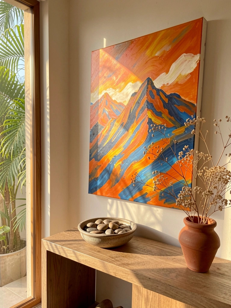 Pintura abstrata com montanhas em laranja, azul e amarelo sobre aparador de madeira texturizada, luz natural entrando por janela ampla.