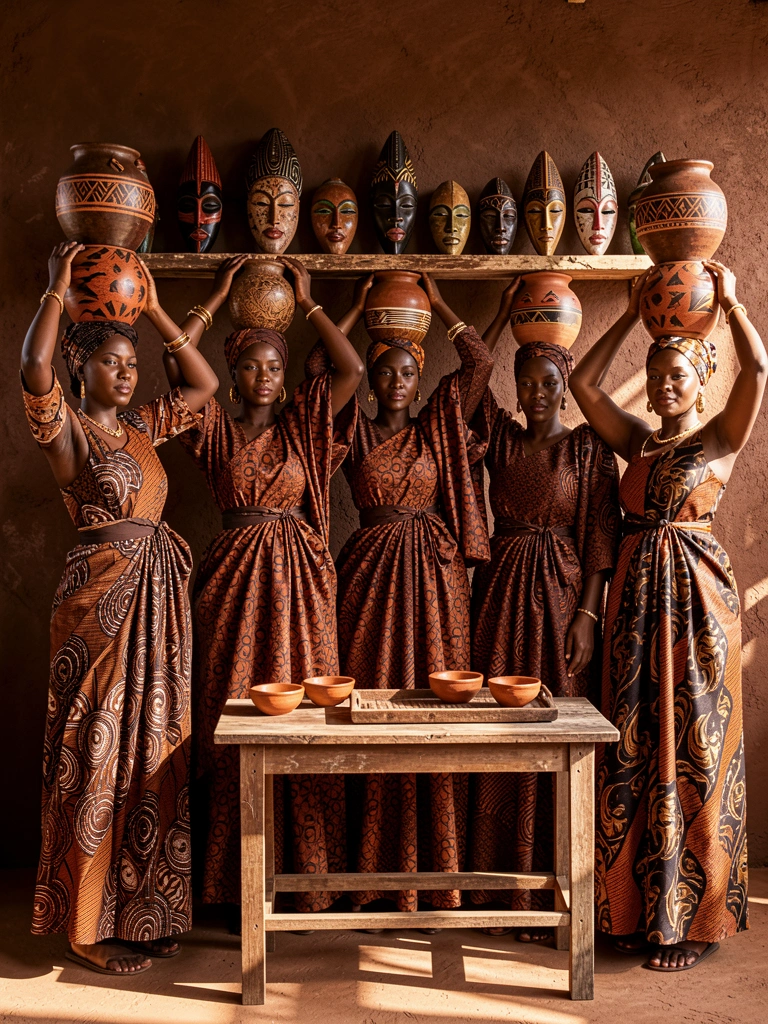 Cinco mulheres africanas com potes de cerâmica na cabeça, vestidos estampados em marrom e laranja, parede texturizada escura com máscaras e prateleria rústica, luz natural.
