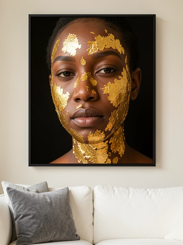 Rosto de mulher negra com maquiagem de folha de ouro, sofá branco e almofada cinza ao fundo, luz natural difusa.