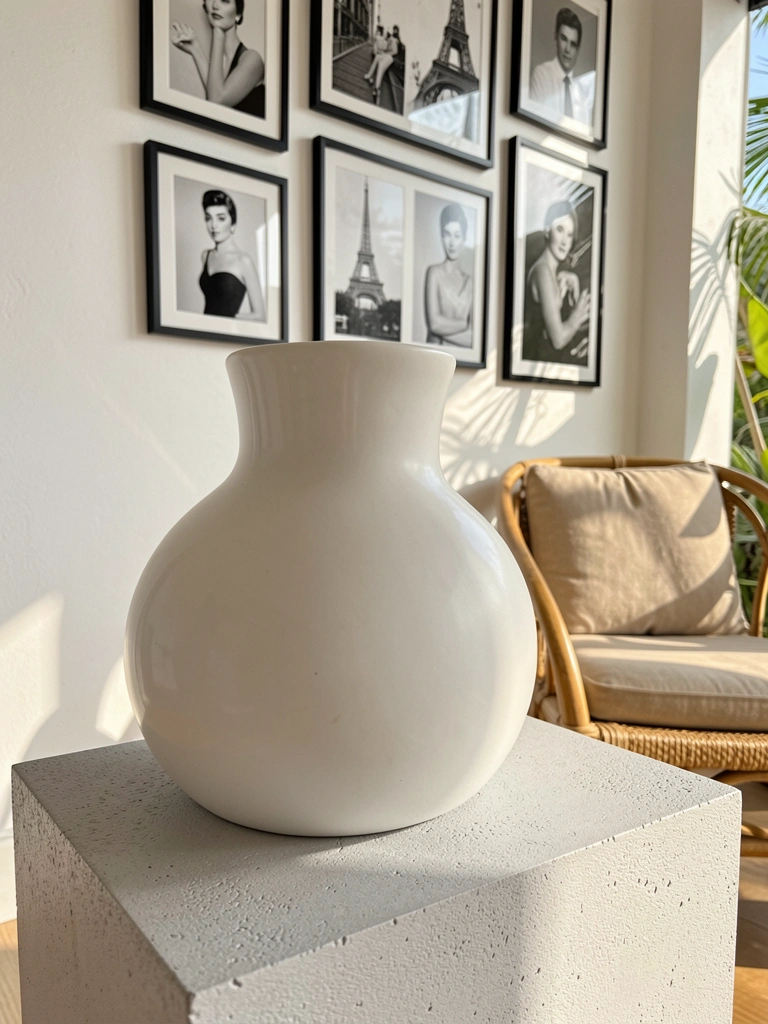 Vaso de cerâmica branco sobre cubo texturizado cinza claro, poltrona de rattan ao fundo e fotografias em preto e branco na parede.