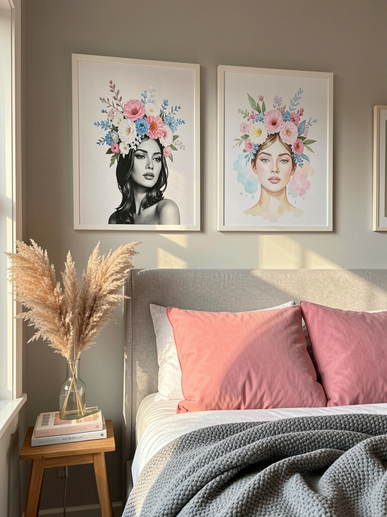 Dois quadros sobre cabeceira cinza: um em preto e branco com flores vibrantes, outro em aquarela pastel; cobertor texturizado e capim-dourado em vaso.