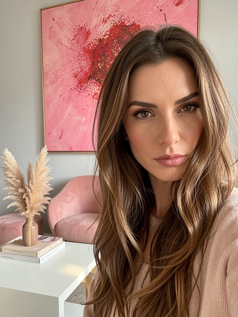 Retrato de mulher com cabelos longos e olhar intenso, em frente a quadro abstrato rosa e vermelho, poltrona blush e mesa com livros e pampas secos.