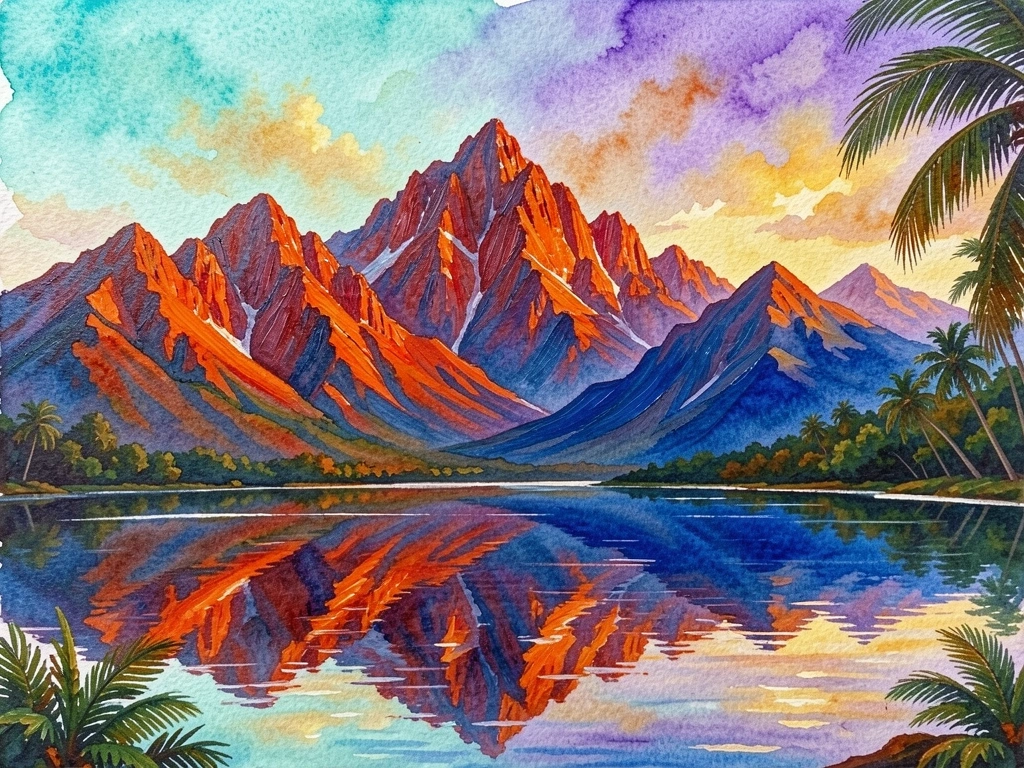 Pintura de montanhas em laranja, vermelho e azul refletidas em lago calmo, céu com aquarela em turquesa, violeta e amarelo.