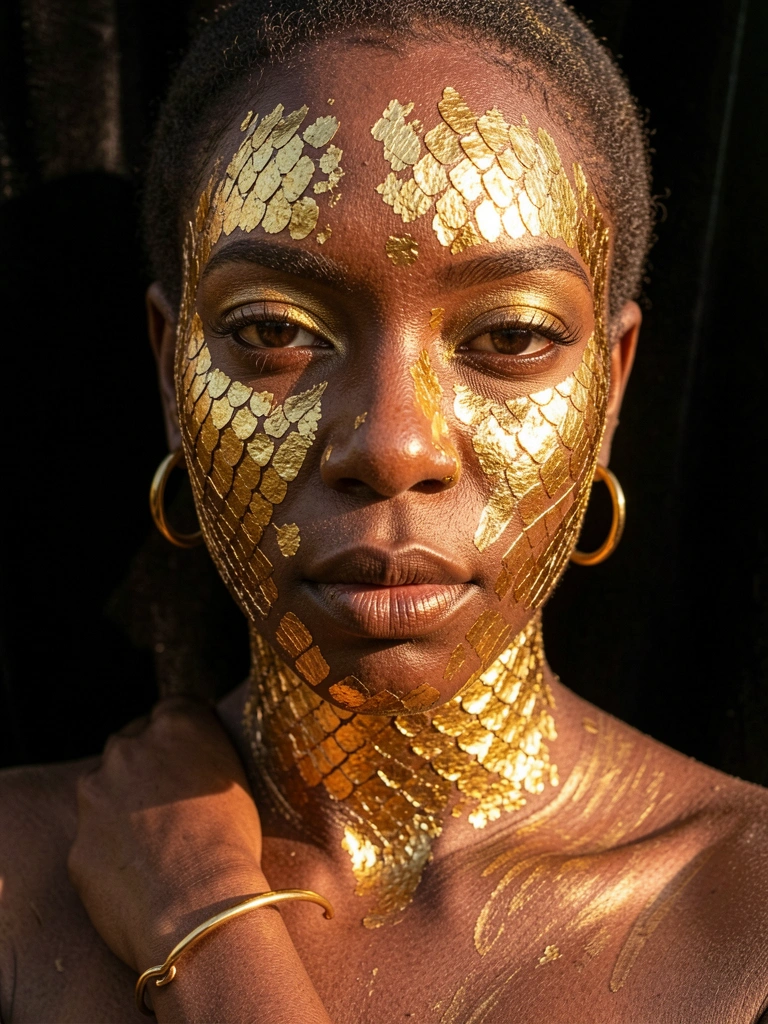 Mulher negra com maquiagem de folha de ouro em escamas geométricas no rosto e pescoço, brincos de argola dourados, fundo preto com luz solar difusa destacando texturas.