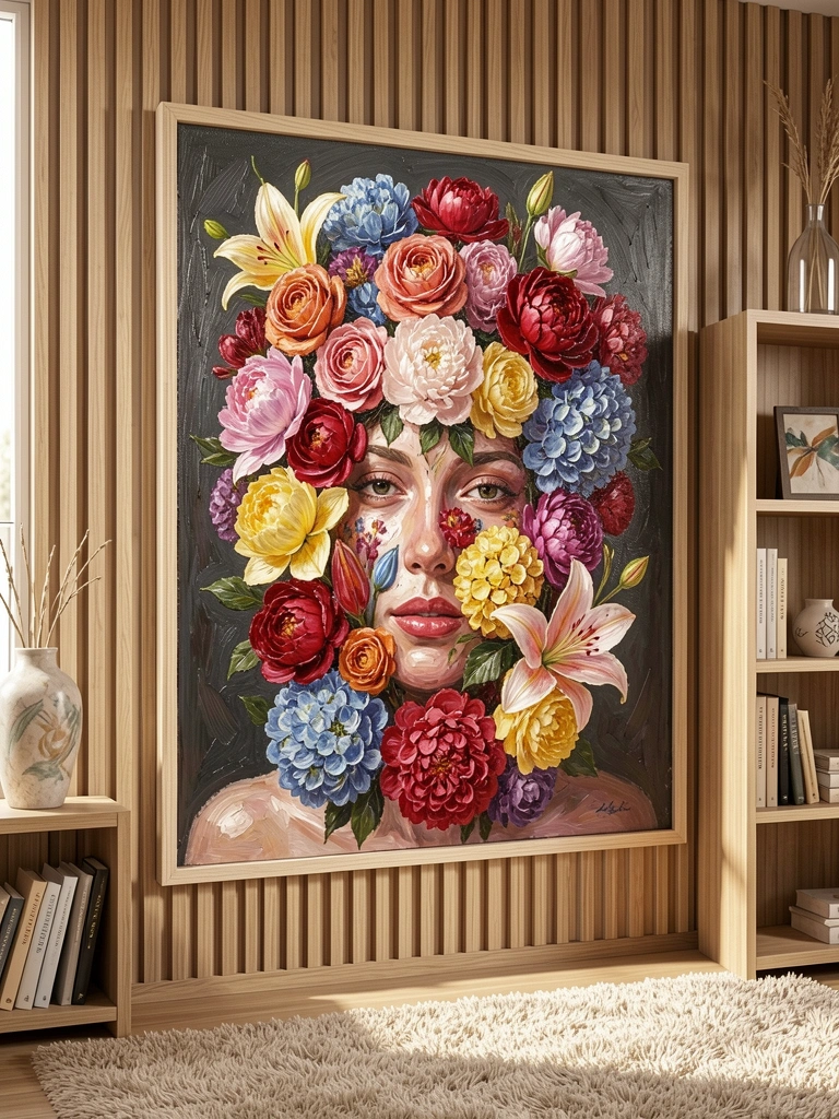 Pintura a óleo de rosto feminino coberto por flores vibrantes, moldura clara, luz natural em parede de ripas de madeira e estante.