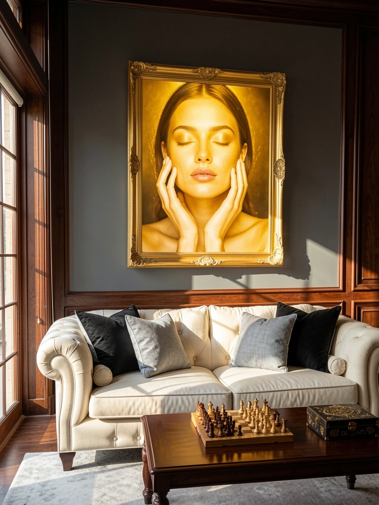 Retrato emoldurado em ouro de mulher com olhos fechados, mãos tocando o rosto, sobre parede cinza escura. Sofá creme com almofadas cinza e preto, mesa de centro de madeira escura com jogo de xadrez e caixa decorativa. Luz solar destaca dourado do quadro e painéis de madeira.