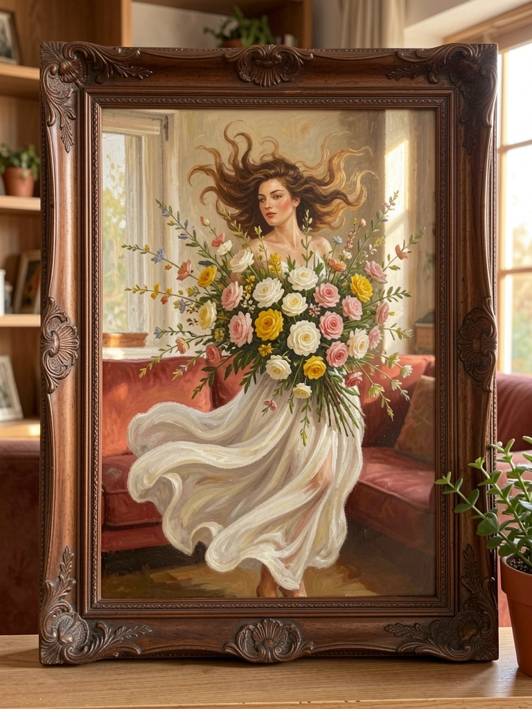 Pintura a óleo de mulher com buquê de rosas em moldura ornamentada, estante de madeira e sofá marrom ao fundo, luz natural difusa.