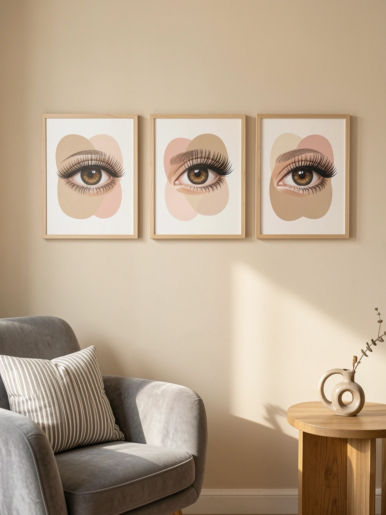 Três quadros com ilustrações de olhos realistas em tons pastel sobre parede bege clara, poltrona cinza estofada com almofada listrada ao lado, mesa lateral de madeira com objeto decorativo, luz natural.