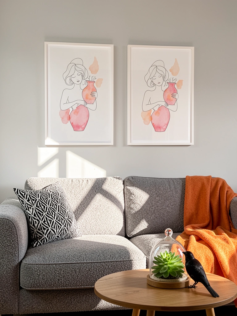 Luz natural incide sobre sofá cinza texturizado com manta laranja e almofada preta e branca, sob dois quadros de figuras femininas com aquarela rosa e pêssego, mesa redonda de madeira com suculenta sob cúpula de vidro e pássaro preto.