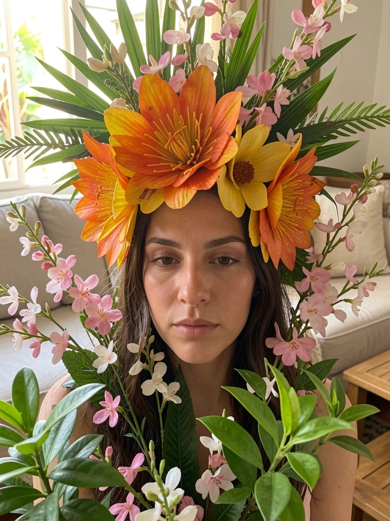 Coroa floral laranja e amarelo em mulher serena, cercada por flores rosas e folhagens verdes, luz suave tropical, sofá claro e móveis de madeira ao fundo.