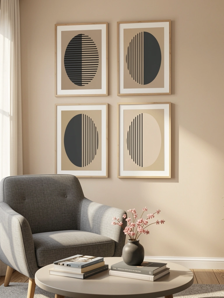 Quatro quadros com semicírculos cinza e bege listrados em parede clara, poltrona estofada cinza e mesa redonda com vaso de planta rosa.