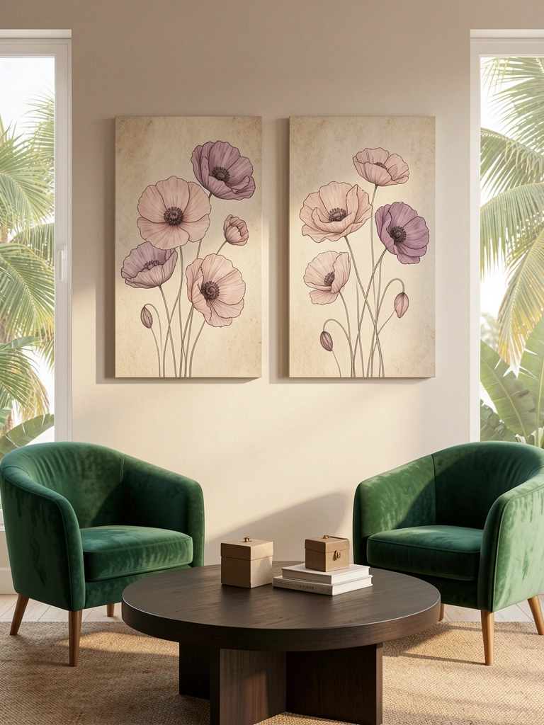 Textura de tela bege com desenhos de papoulas blush pink e malva, poltronas verdes esmeralda e mesa redonda escura com livros e caixa decorativa, luz natural suave.