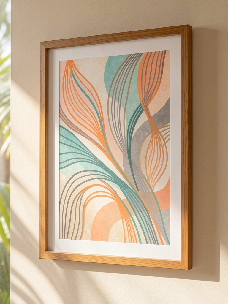 Moldura de madeira clara com arte abstrata em laranja, teal e cinza sobre fundo bege, luz natural filtrada por janela.