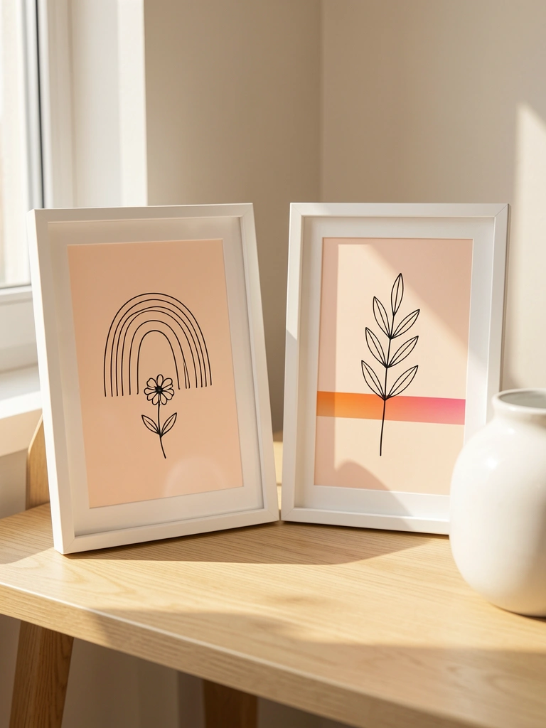 Molduras finas brancas com desenho de arco-íris e flor sobre fundo pêssego claro, vaso cerâmico ao lado, luz natural com sombras suaves.