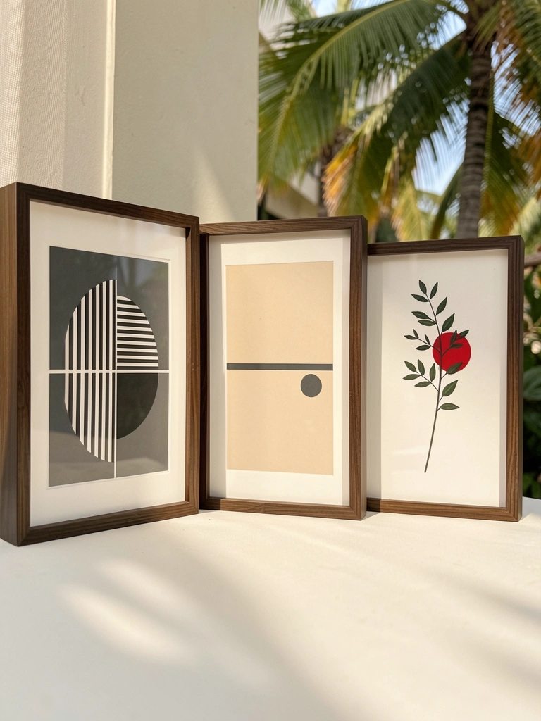 Três quadros com arte abstrata: formas geométricas escuras, planta verde e círculo vermelho, molduras de madeira escura, luz natural.