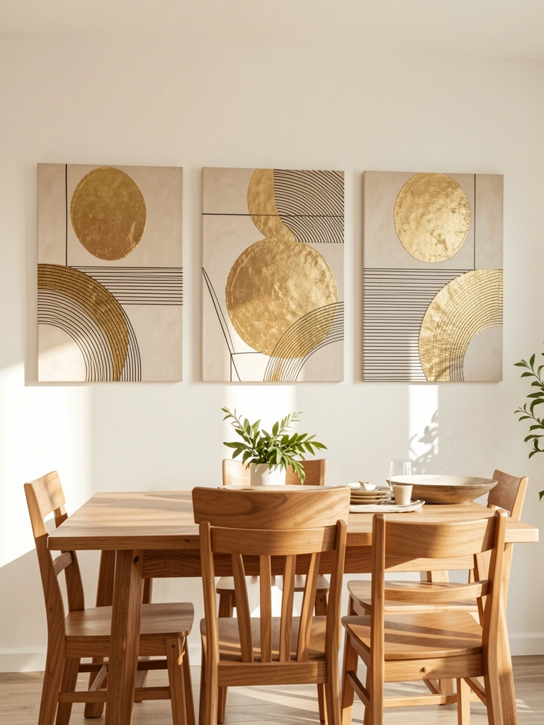Três pinturas abstratas geométricas com fundo bege, círculos dourados e linhas pretas sobre parede branca, acima de mesa de madeira com cadeiras.