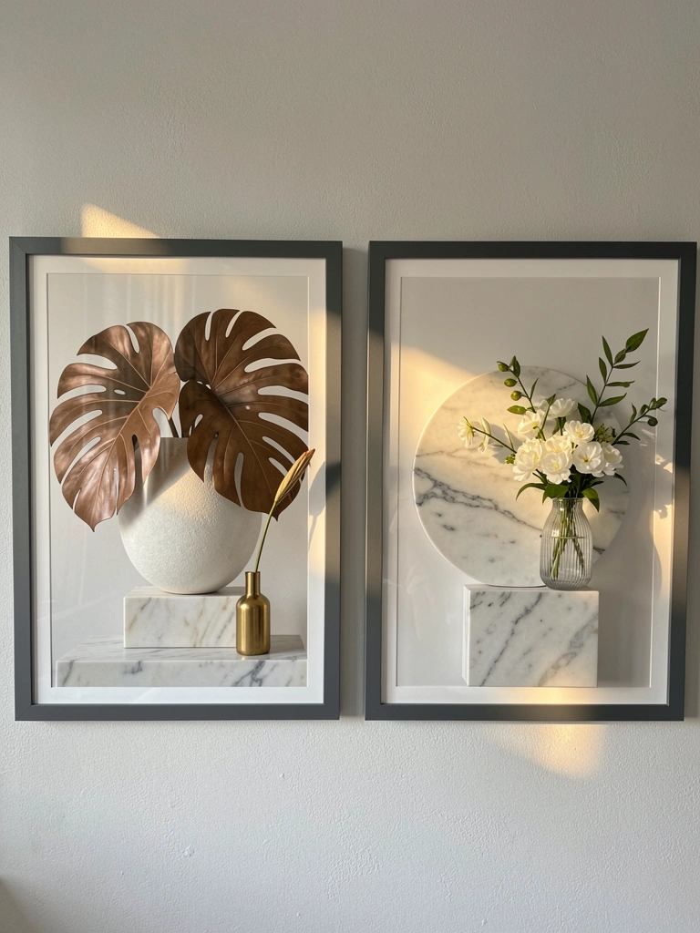 Duas molduras escuras lado a lado: esfera de cerâmica texturizada e folhas de monstera em bronze sobre pedestal de mármore, e elemento circular de mármore com vaso de flores brancas, luz difusa refletida.