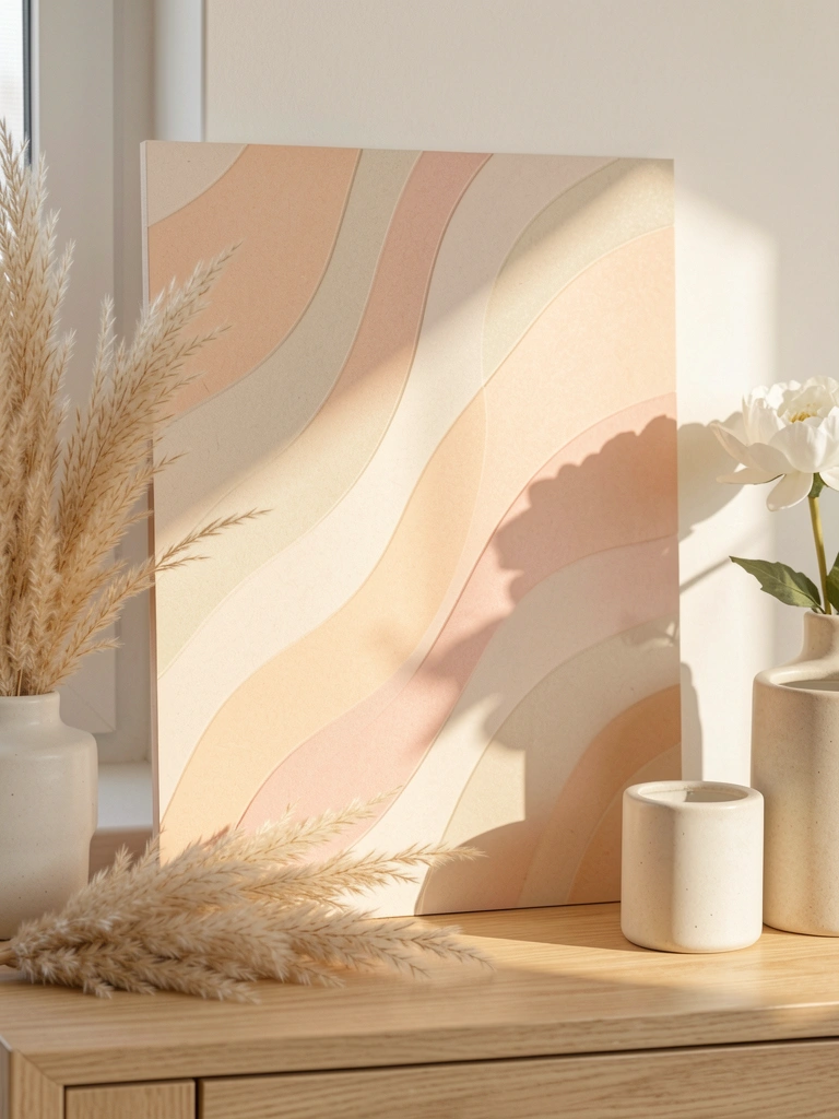 Painel MDF com ondulações suaves em pêssego, bege e rosa, sobre aparador de madeira clara com plumas de capim-dos-pampas e vaso com flor branca.