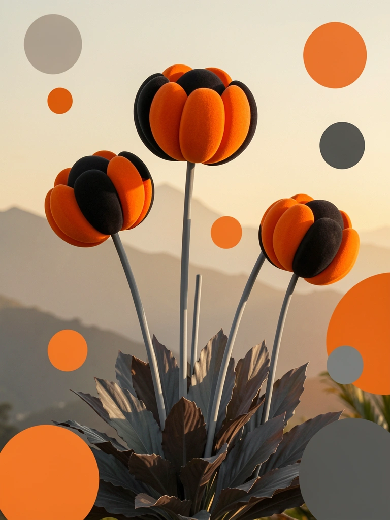 Flores laranjas e pretas em hastes cinzas sobre fundo degradê bege, laranja e cinza, com formas circulares menores espalhadas.