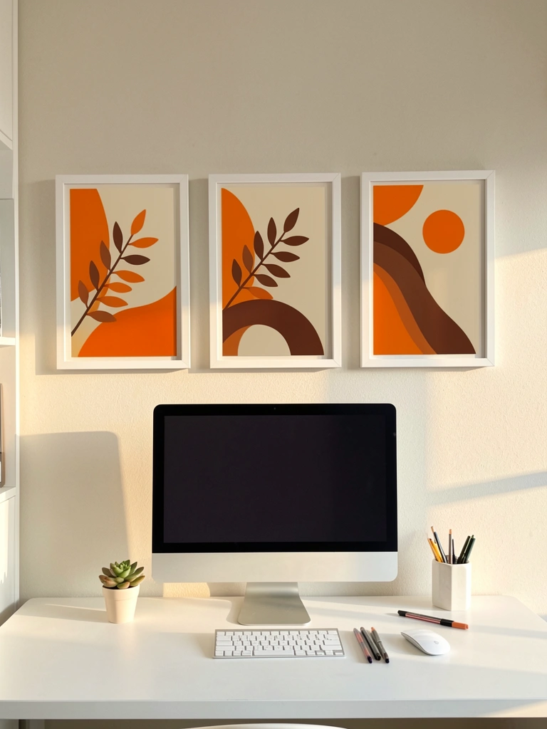 Três quadros minimalistas com fundo bege e formas geométricas em laranja e marrom pendurados sobre uma escrivaninha branca, com monitor, suculenta e canetas, iluminados por luz natural.