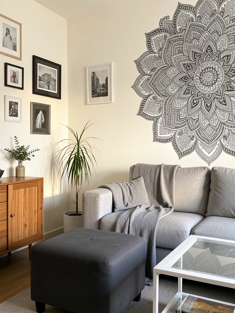 Mandalas cinza e preta em parede clara, sofá cinza claro com manta texturizada, mesa de centro de vidro e aparador de madeira com vaso verde.