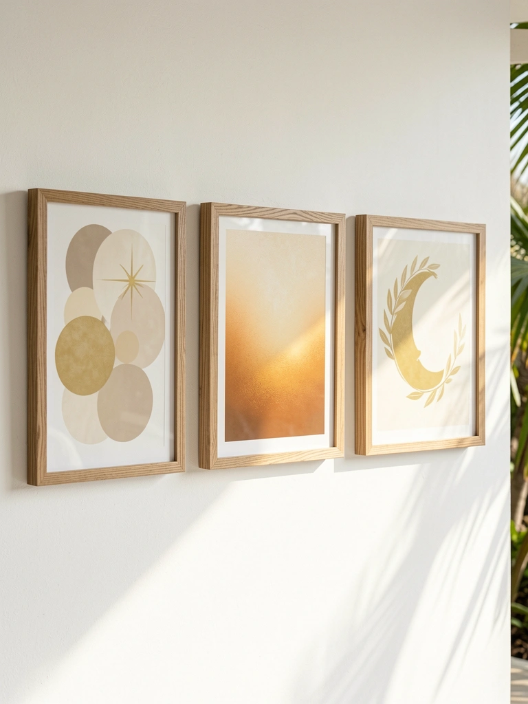 Três quadros abstratos em tons de bege, creme e dourado pendurados em parede branca, com moldura de madeira natural e luz natural suave.