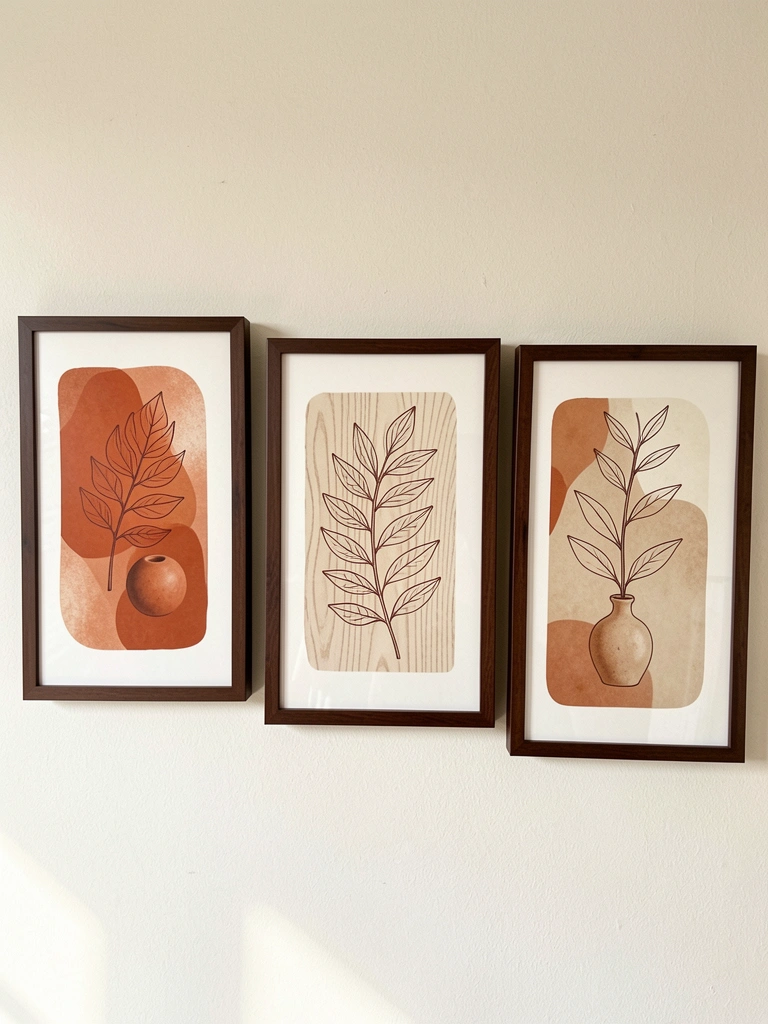 Três quadros com arte abstrata em terracota e bege, moldura escura, luz natural difusa sobre texturas de fundo.