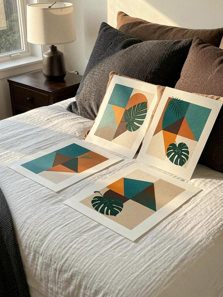 Luz natural incide sobre cama branca com almofadas texturizadas e quadros geométricos em teal, laranja e marrom.