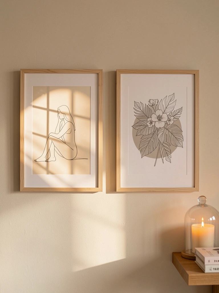 Dois quadros em moldura clara sobre parede bege: um com figura feminina em traço minimalista e luz solar, outro com florais e círculo suave. Ao lado, cúpula de vidro com vela sobre livros.