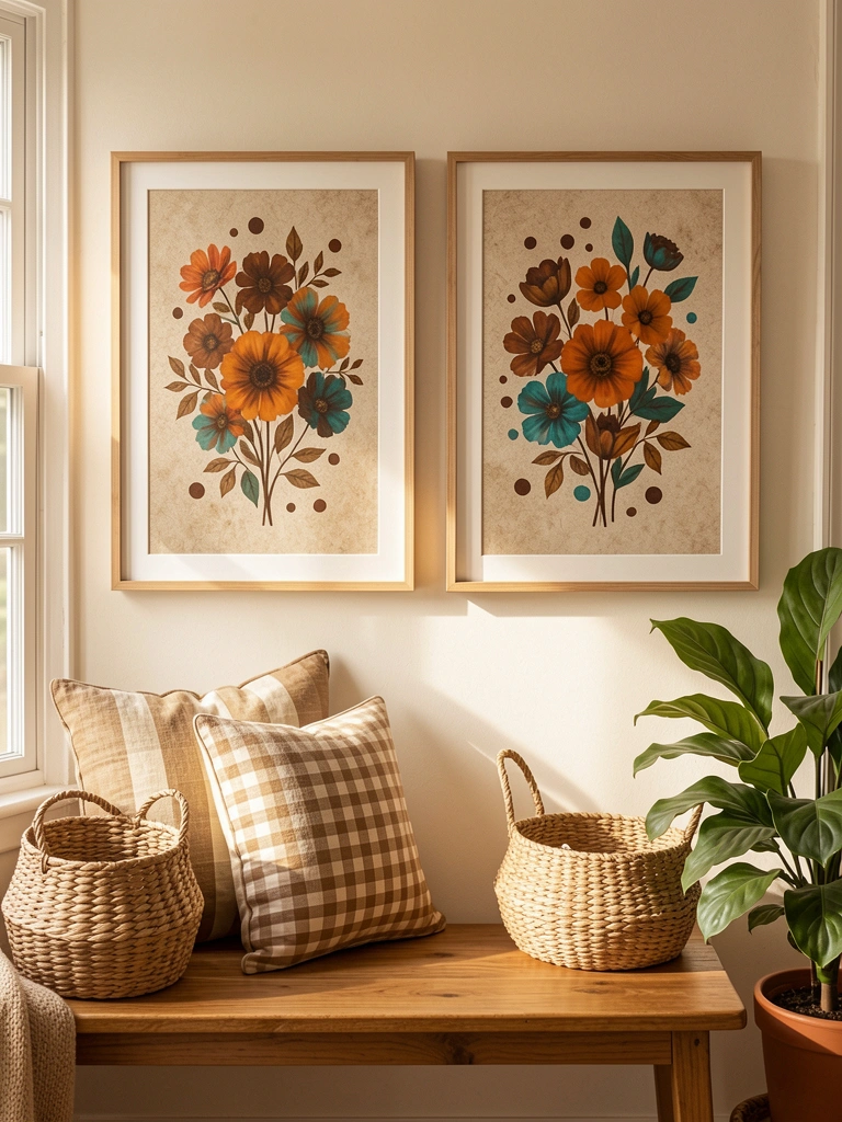 Quadros abstratos com flores laranja, marrom e azul-petróleo em moldura fina sobre parede bege, almofada xadrez em banco de madeira, cesto e vaso com planta sob luz natural.