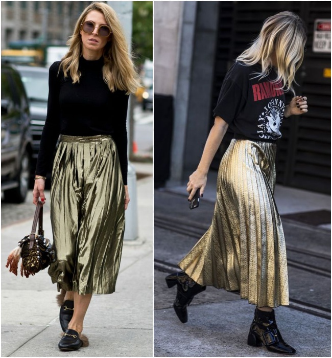 saia plissada metalizada com blusa