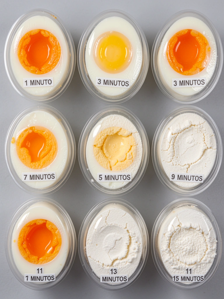 Seis potes plásticos transparentes com ovos cozidos em diferentes pontos, do 1 ao 15 minutos, sobre fundo cinza.