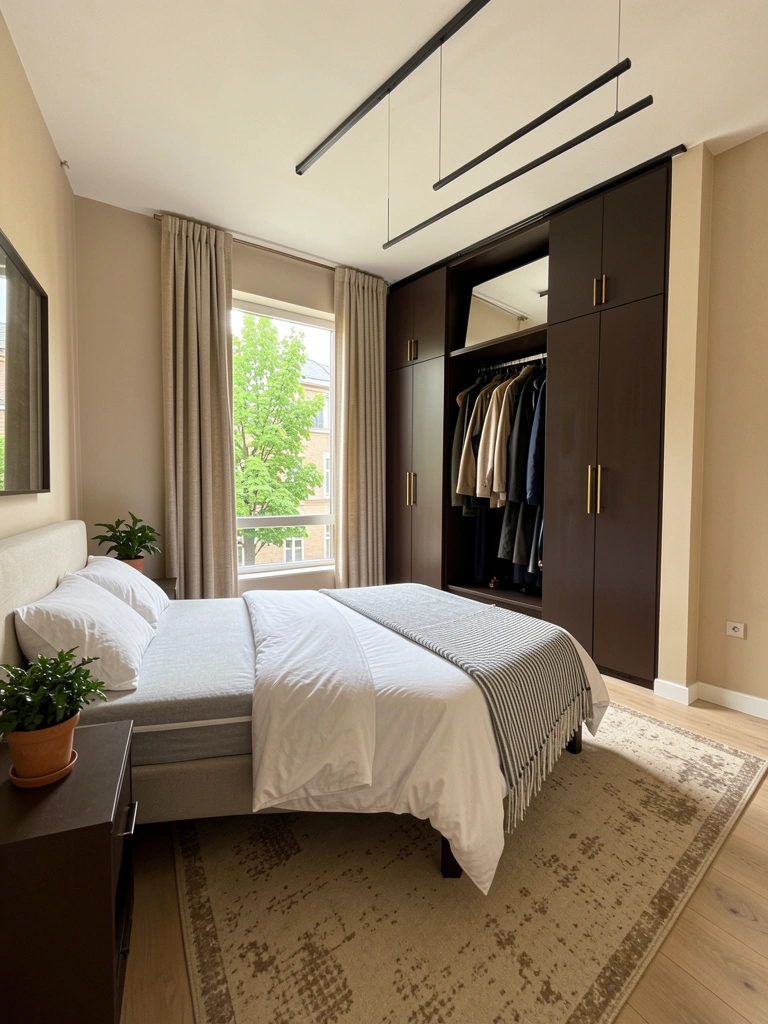 Quarto amplo com cama de casal, closet aberto integrado e luz natural entrando pela janela.