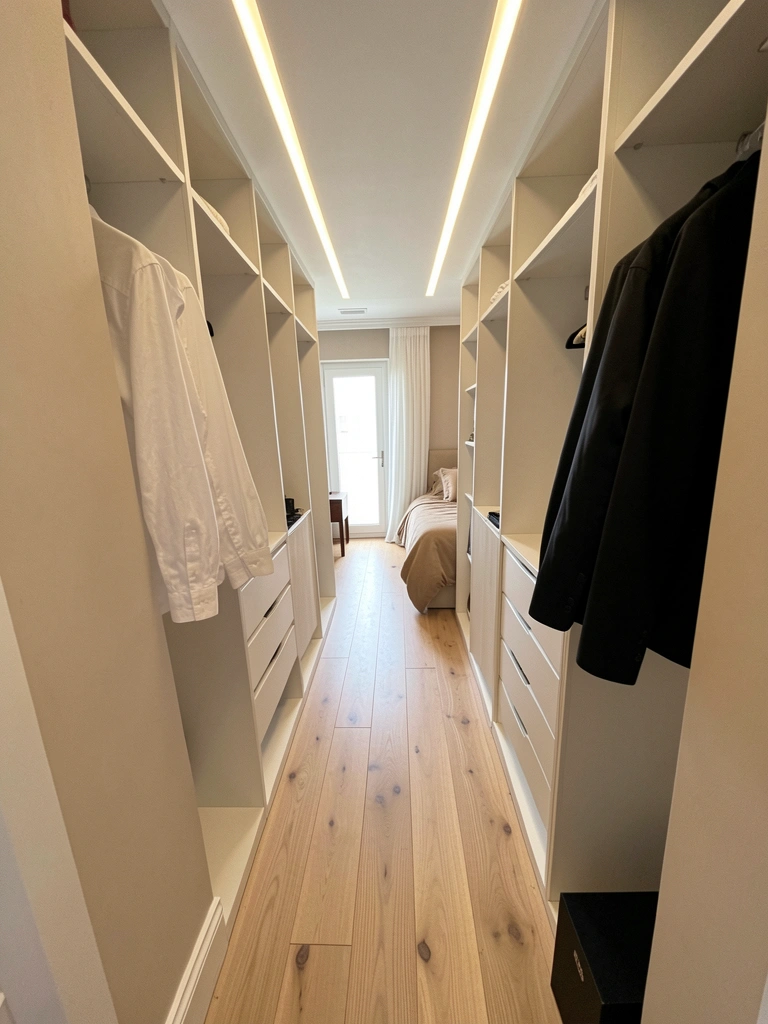 Closet aberto com roupas penduradas em cabides e prateleiras, iluminado por fitas de LED branco.