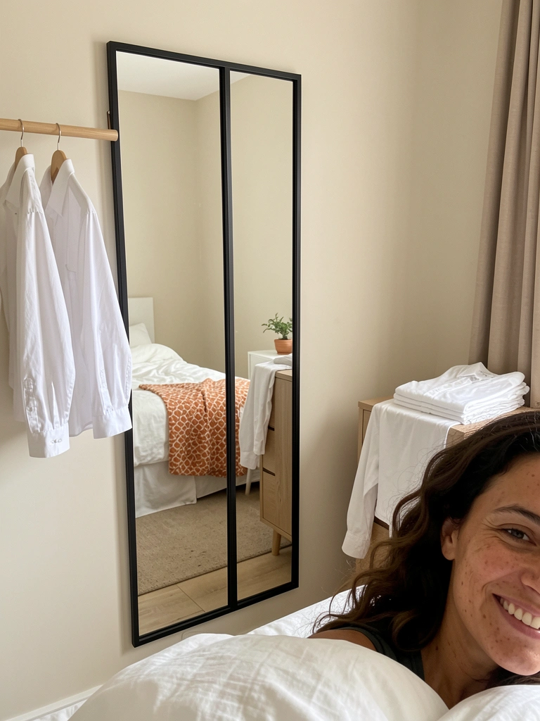 Planta baixa com cama e closet separados por corredor de 60 cm.