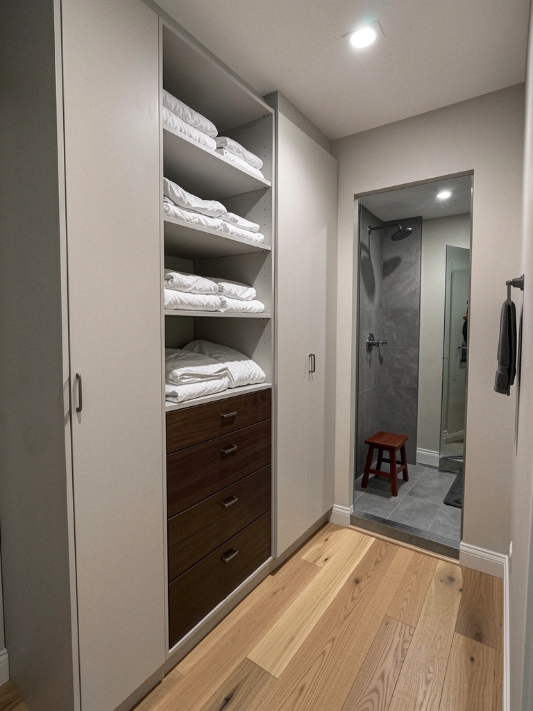 Luminária LED embutida no teto de um closet, emitindo luz branca neutra.