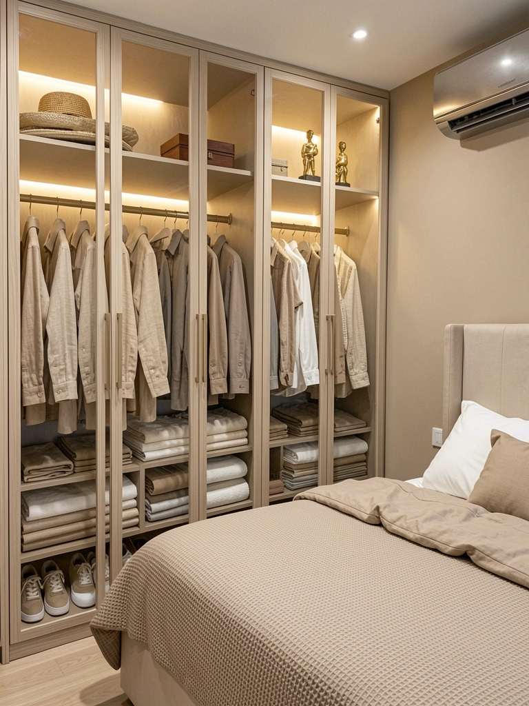 Closet com gavetas organizadoras, sapateira e cabideiro duplo, tudo bem arrumado.