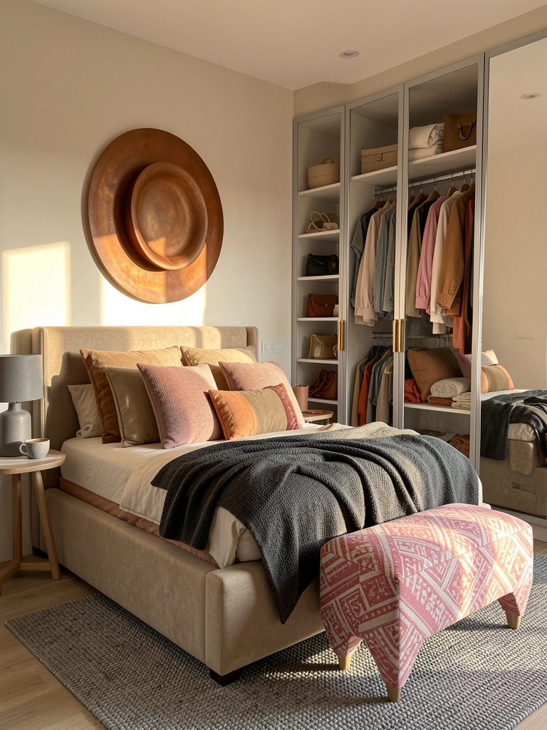 Guarda-roupa embutido com portas espelhadas reflete a cama com cabeceira bege acolchoada e almofadas, pufe listrado rosa e branco na frente, luz natural do dia.