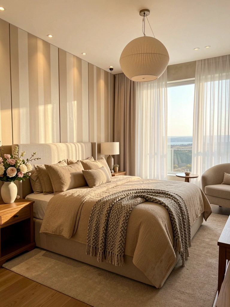 Cama estofada com edredom beige texturizado, almofadas e manta estampada; abajur e arranjo floral sobre criado-mudo de madeira; parede listrada iluminada por luz embutida e pendente redondo.
