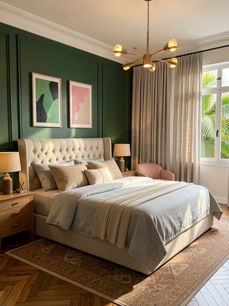 Cama estofada com cabeceira capitonê em linho cinza, almofadas creme e bege, abajur sobre criado-mudo de madeira, poltrona blush ao lado, parede verde escura com molduras e quadros abstratos, lustre moderno pendente e cortinas texturizadas.