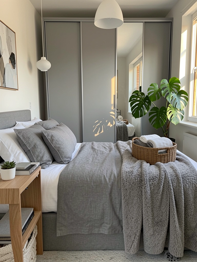 Cama de linho cinza com lençóis brancos e manta felpuda, cesto de vime com toalhas, guarda-roupa espelhado ao fundo e luz natural filtrada.