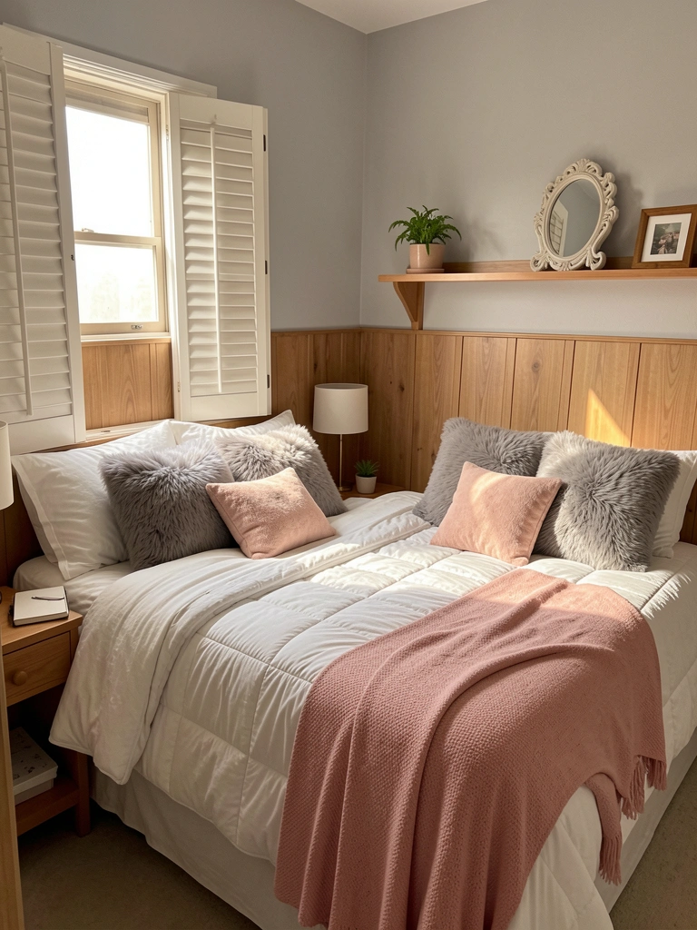 Cama queen com edredom branco acolchoado, almofadas cinzas e manta rosa blush, luz natural entrando por janela com veneziana branca.