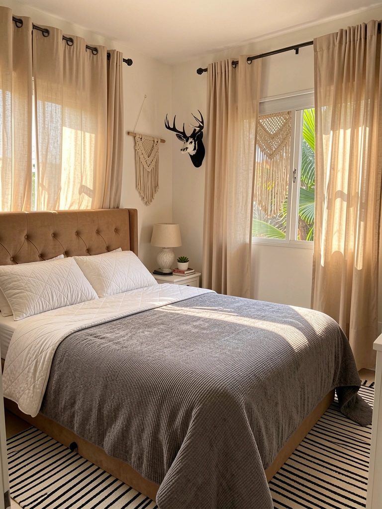 Cama com colcha cinza felpuda e branca acolchoada, cabeceira marrom clara estofada, cortinas bege e luminária sobre criado-mudo com livros.