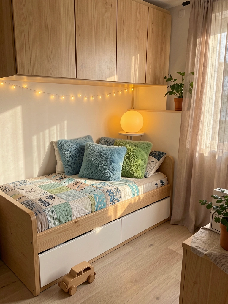 Cama twin com estrutura de madeira clara e gavetas brancas, colcha estampada e travesseiros azuis e verdes, cercada por luz natural e cortinas ao vento.