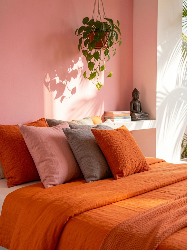 Cama com edredom laranja vibrante e almofadas rosa e cinza, planta pendurada e luz solar filtrada, parede rosa e branca.