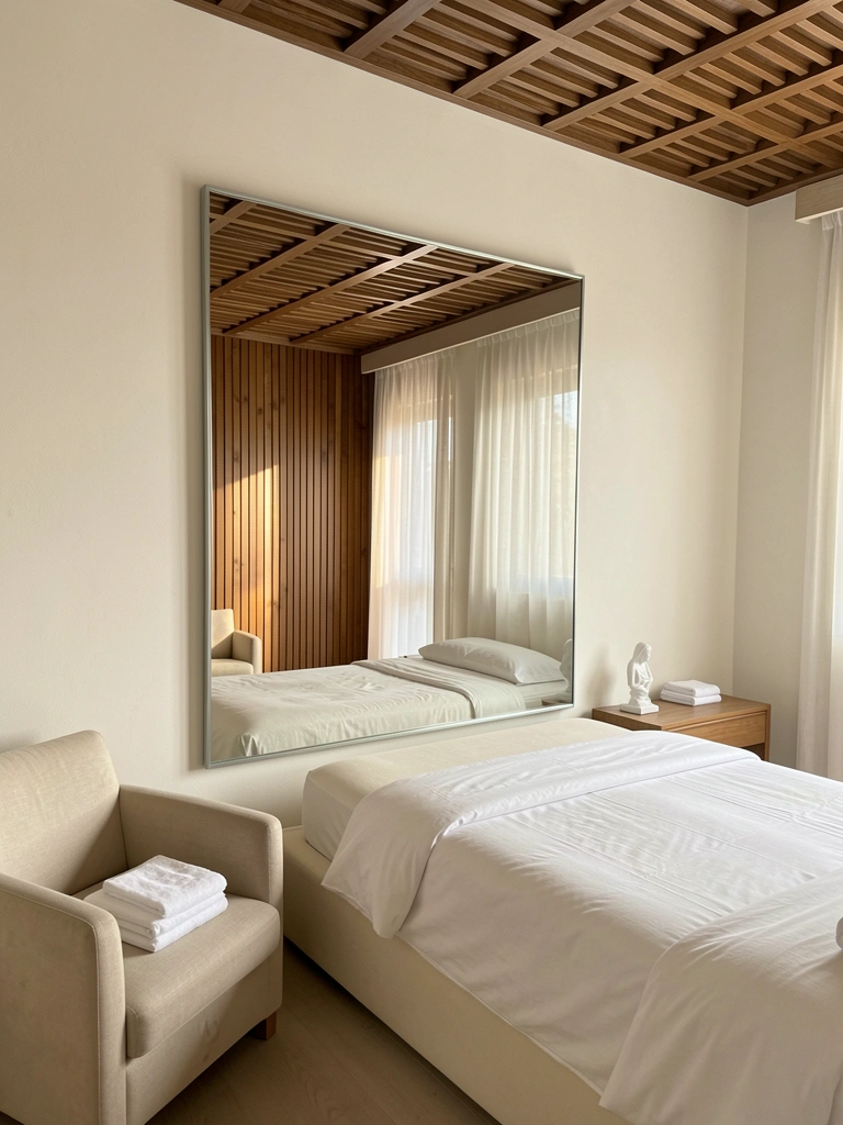 Espelho retangular reflete painéis de madeira e cortinas brancas, cama com roupa de cama clara e poltrona bege ao lado.